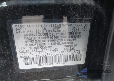 2019 Nissan Sentra S z USA, uszkodzony, nr VIN 3N1AB7AP5KY248159